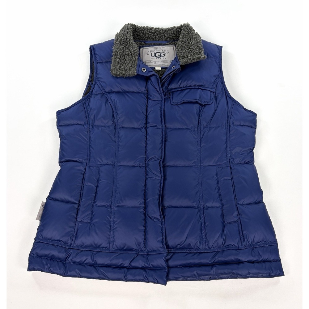 UGG Australia Soniat Women Large Blue Down Puffer Vest Gray Faux Sherpa Collar